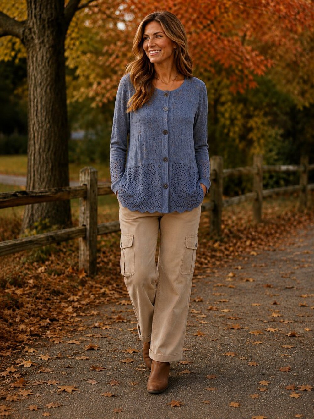ALI MILES Cardigan Decorative Button Up w/Crochet Details (2) Tier Denim Blue XL